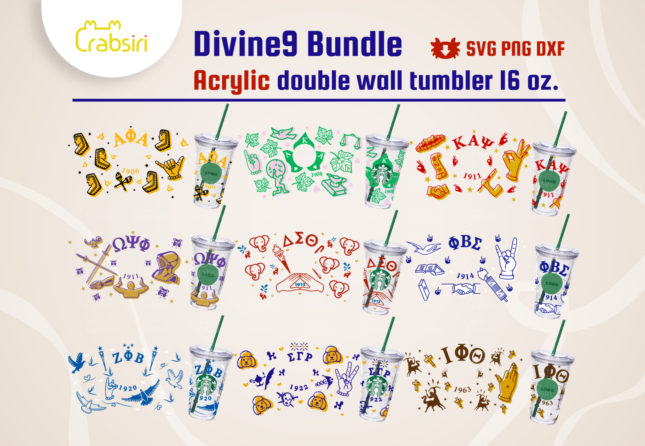 Divine 9 Bundle Starbucks Acrylic 16oz. SVG – Crabsiri